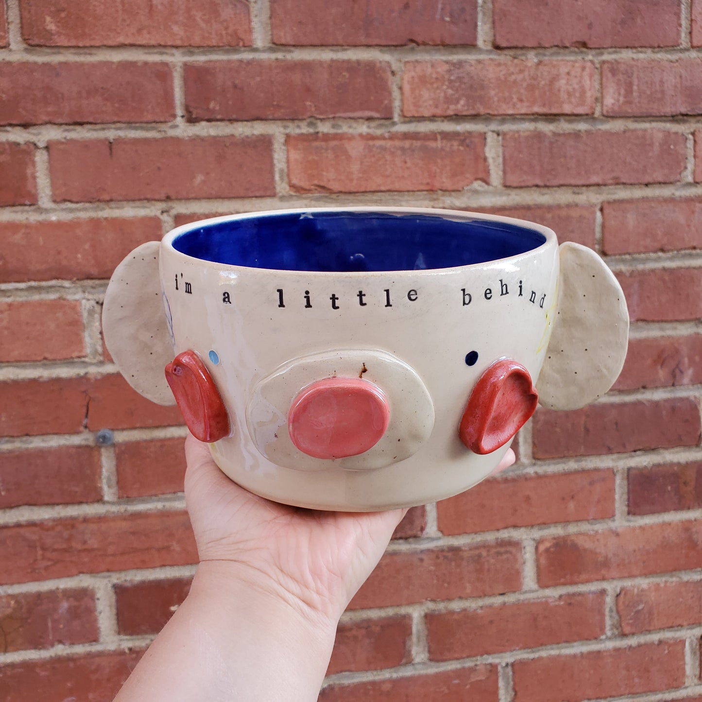 RECOVERED Helene Pottery: "I'm a Little Behind" Large Secret Message Puppy Bear Bowl